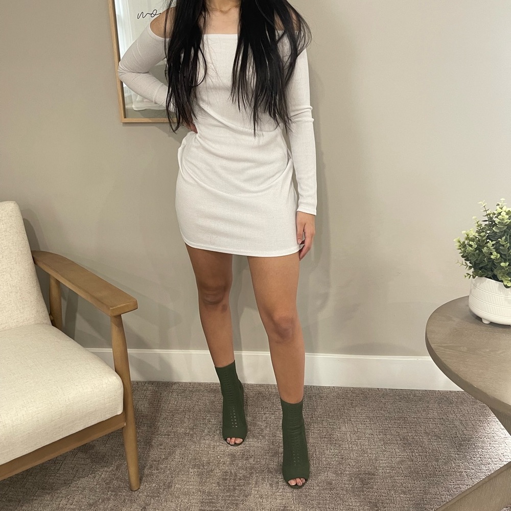 White Ribbed Off The Shoulder Dress